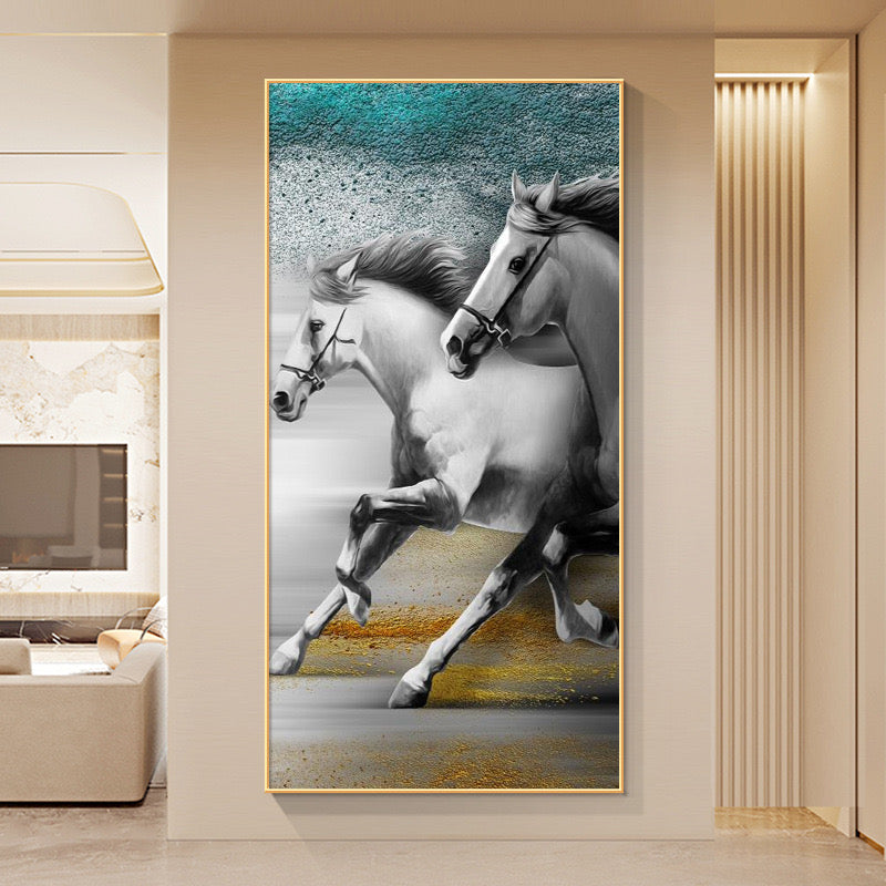 Pikturë me kornizë gold me kuaj të bardhë