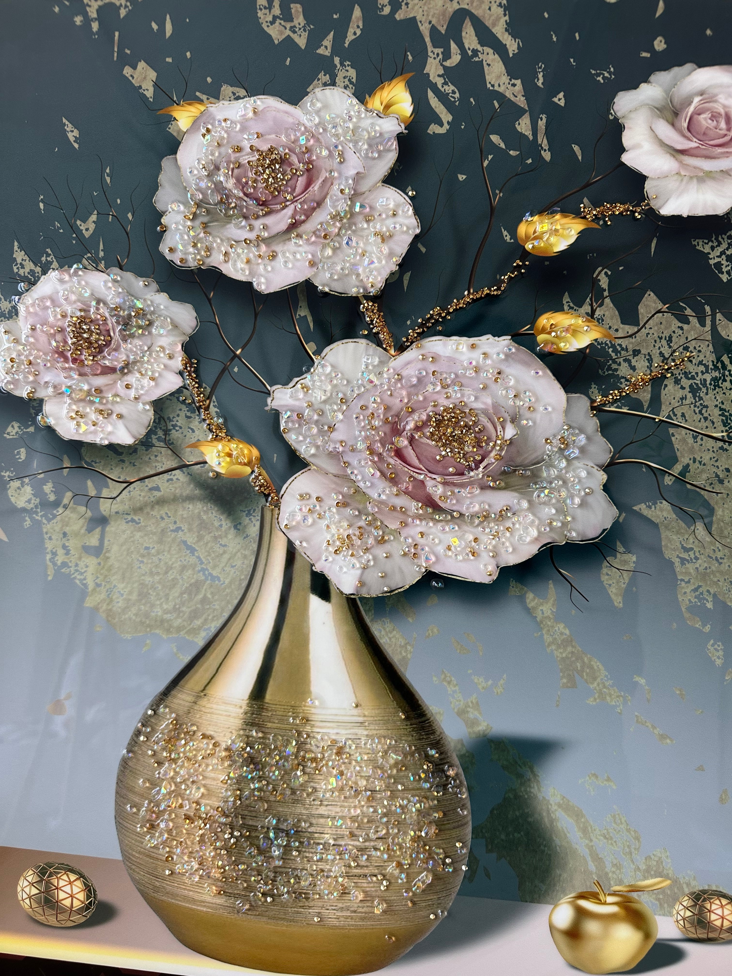 Pikturë me trëndafila rozë dhe gurë zbukurues