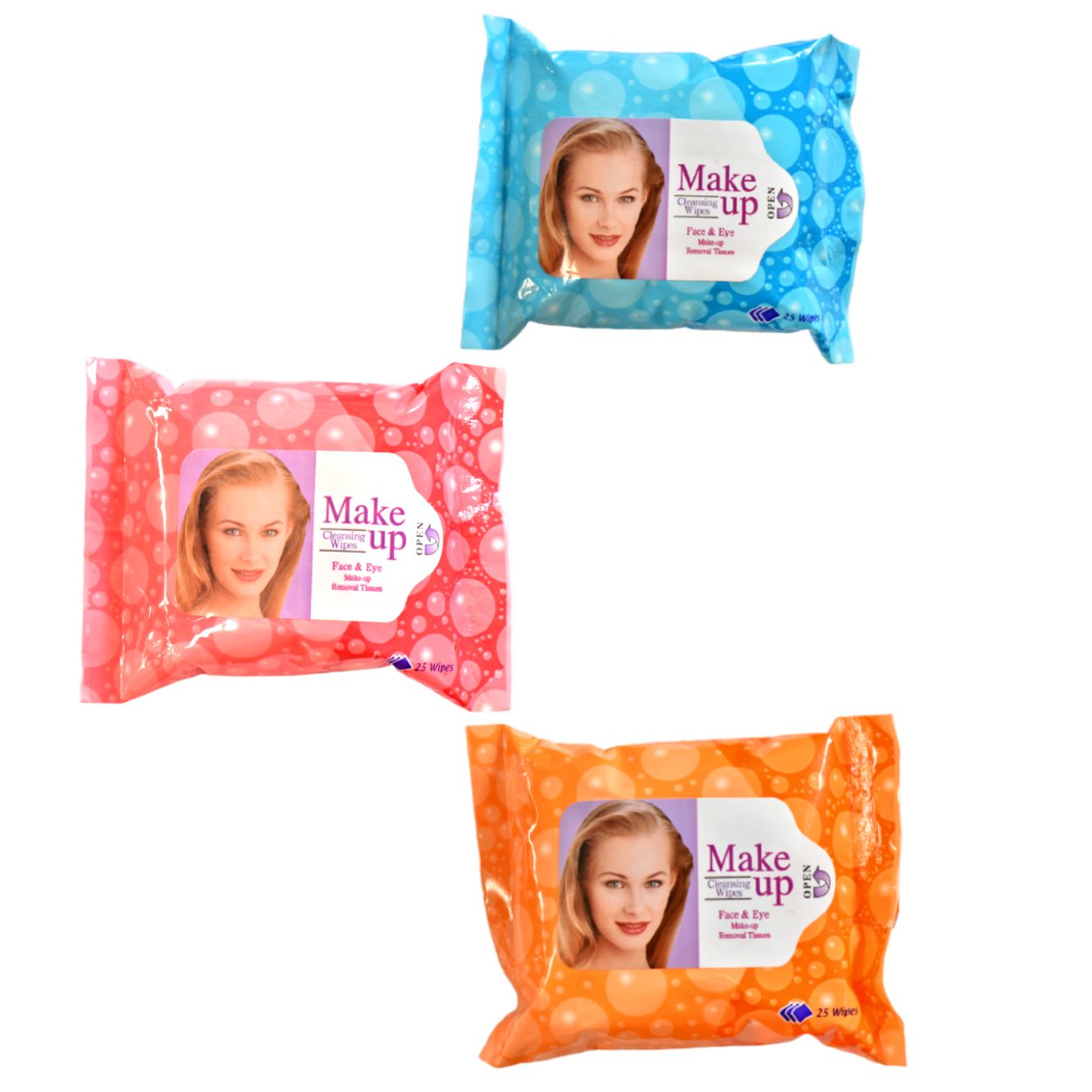 Letra të lagura për make up (Cleasing Wipes) në ngjyrë portokalli, blu dhe rozë
