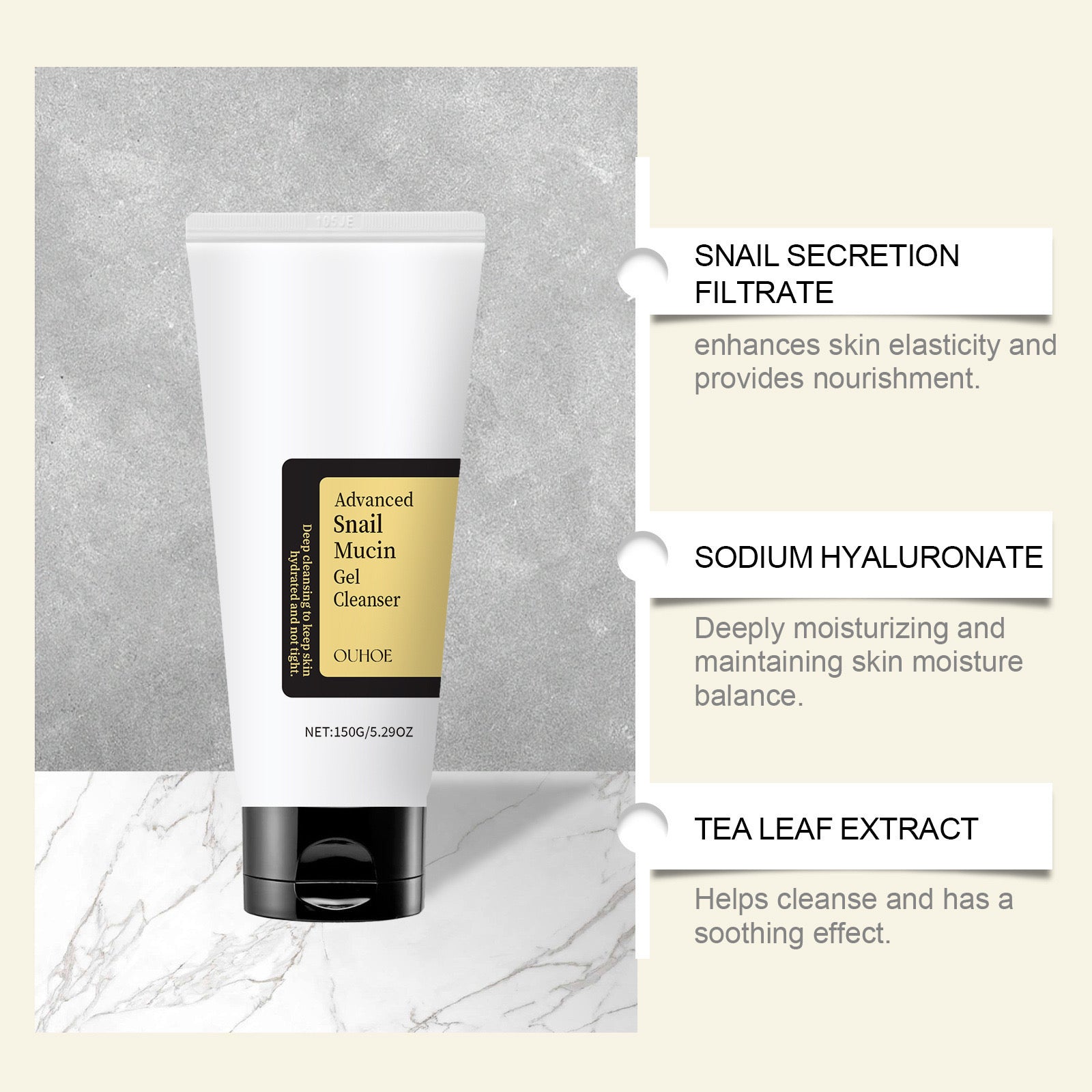 Larës për fytyrën në formë xheli, me mukus kërmilli, 150g