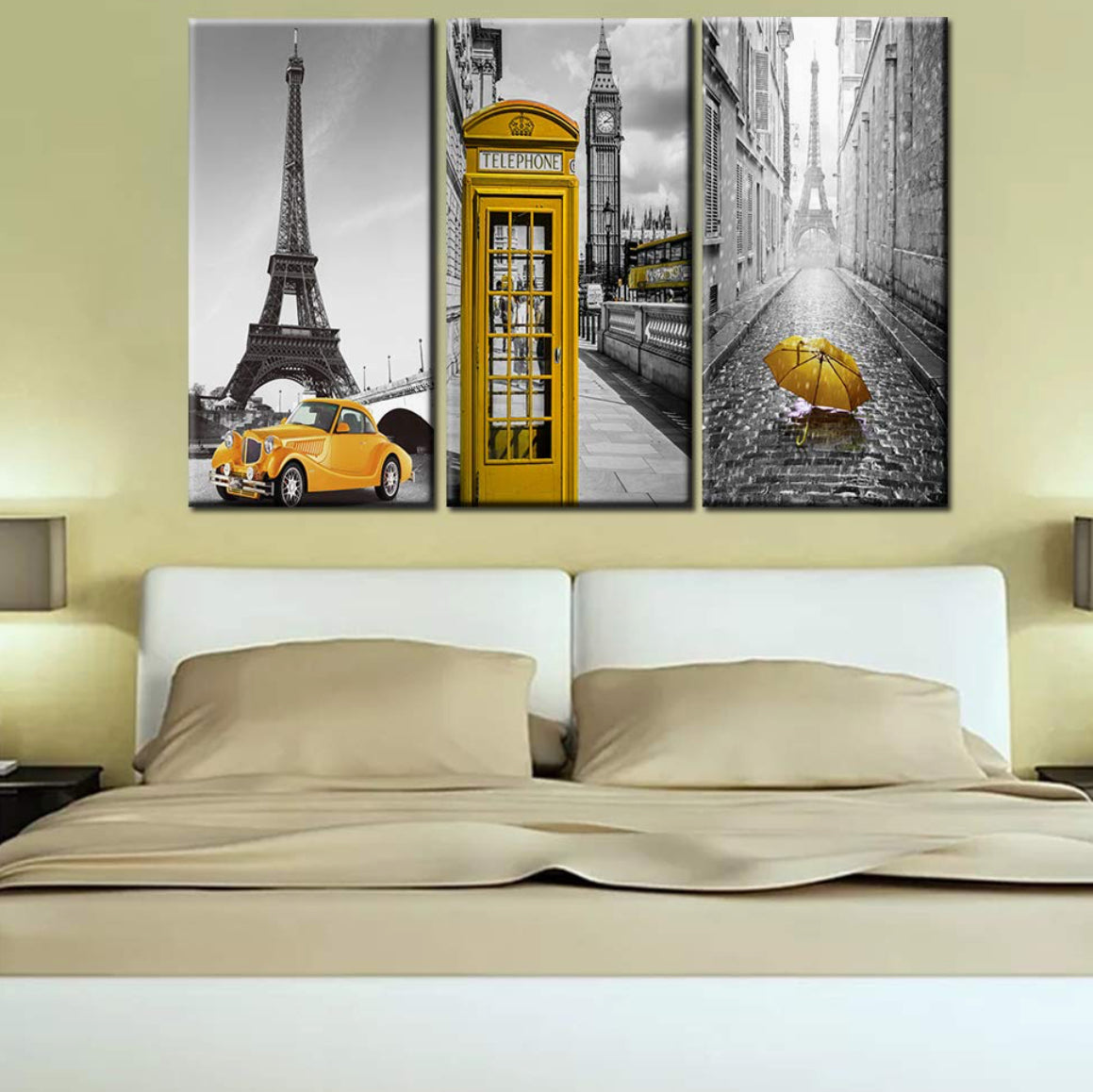 Kanavasë me kullen Eiffel dhe makinë të verdhë