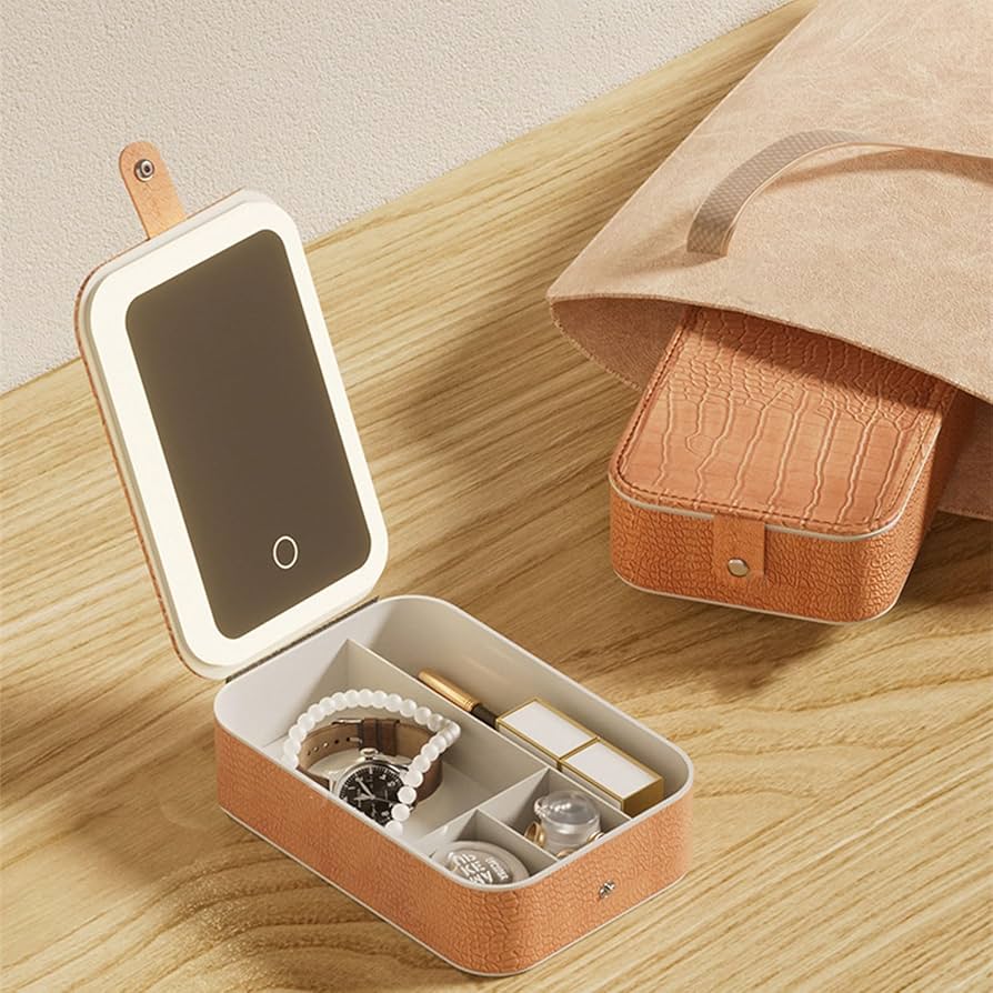 Çantë kozmetike me pasqyrë e dritë LED me disa ndarje