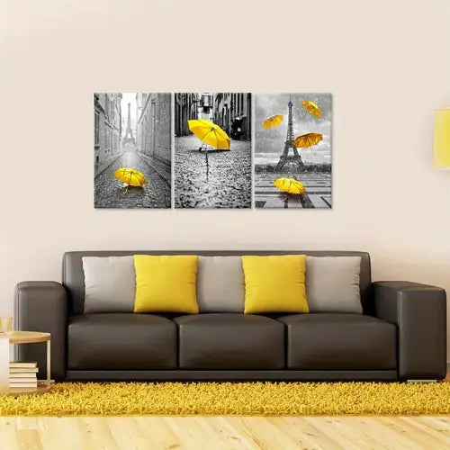 Kanavasë me foton e Parisit dhe çadra të verdha