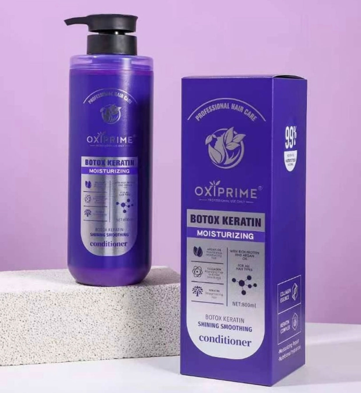 Oxiprime Botox Keratin Shining Smoothing shampoo, zbutës dhe maskë