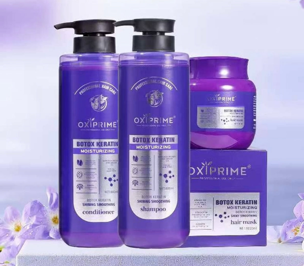 Oxiprime Botox Keratin Shining Smoothing shampoo, zbutës dhe maskë