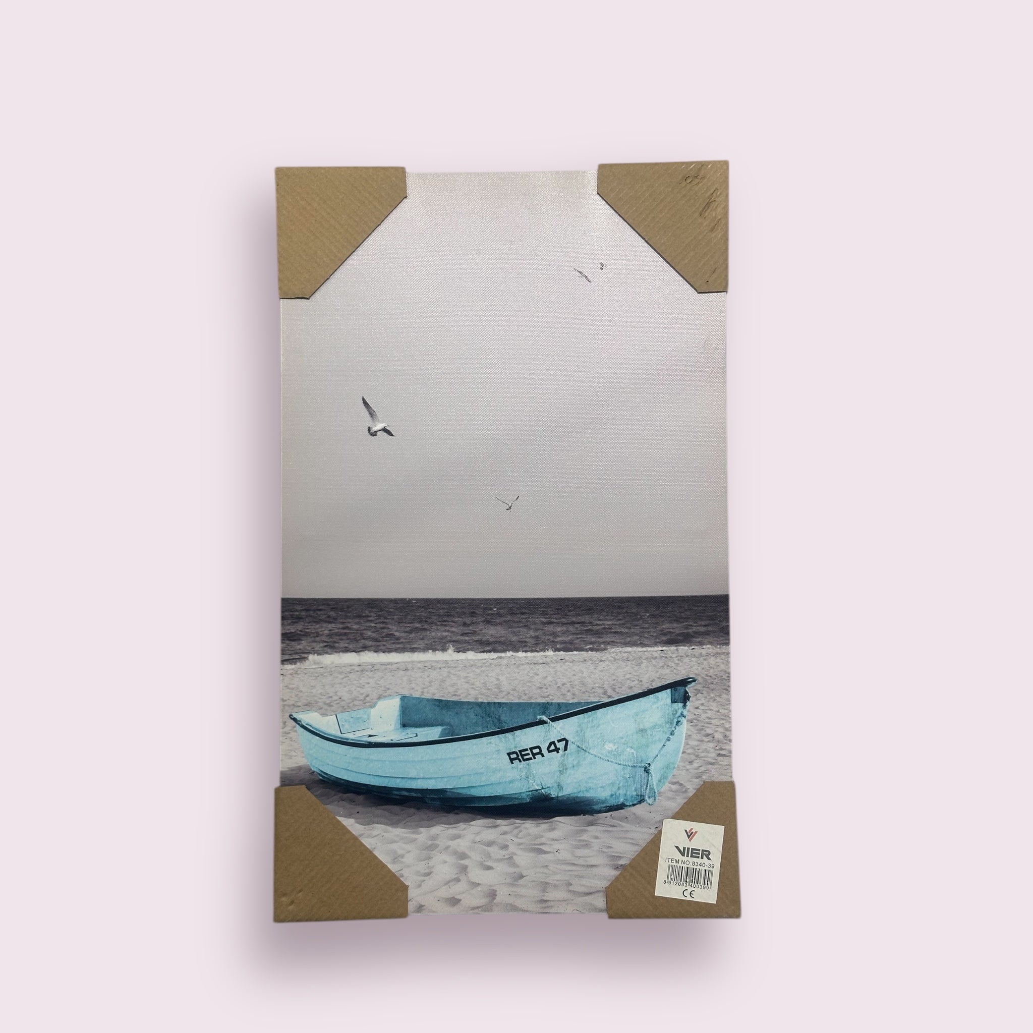 Kanavasë me foto me varkë blu dhe pamje deti