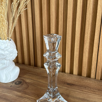 Shandan qelqi transparent për qiri, bazë katrore