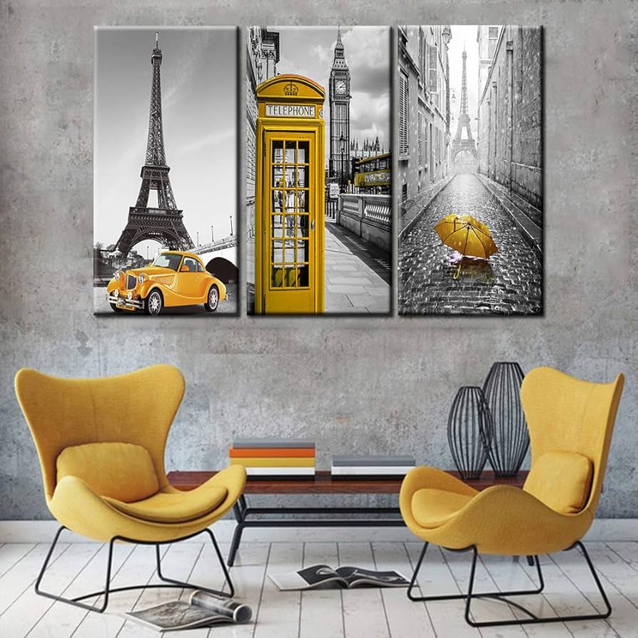 Kanavasë me kullen Eiffel dhe makinë të verdhë