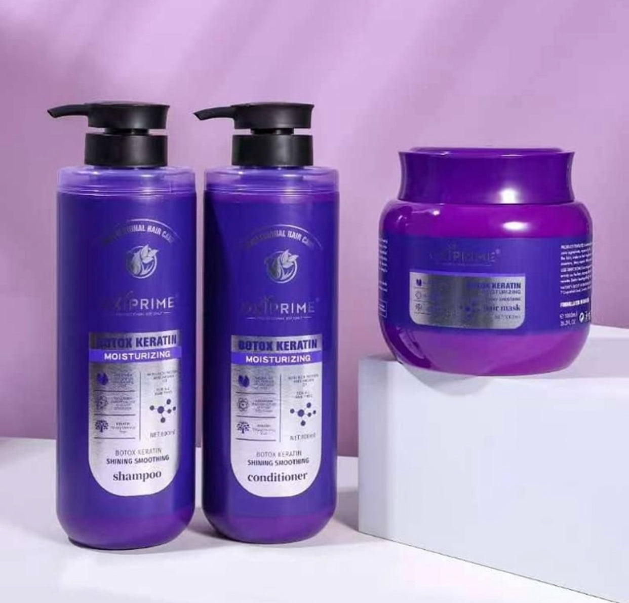 Oxiprime Botox Keratin Shining Smoothing shampoo, zbutës dhe maskë
