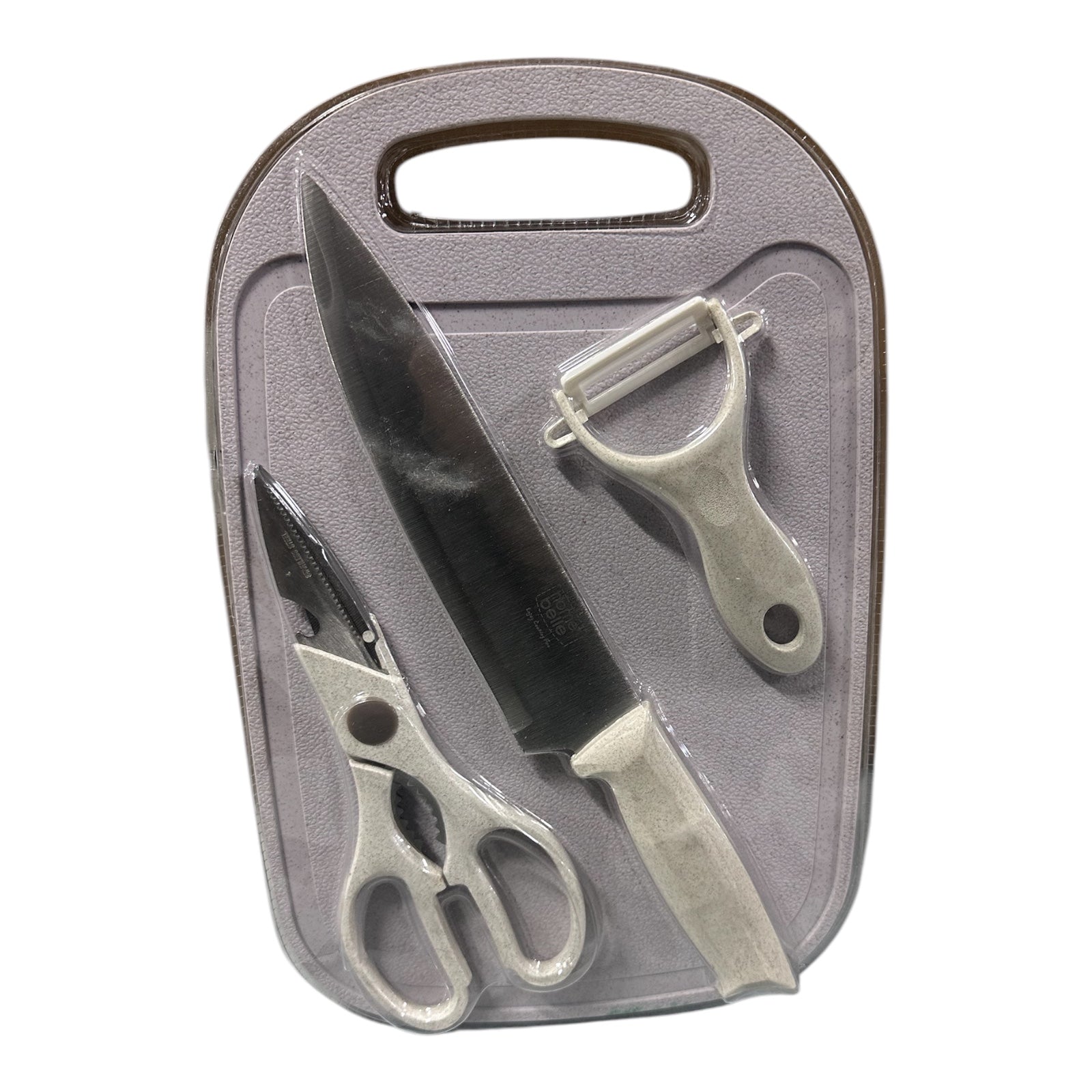 Set me thikë, gërshërë, qëruese perimesh dhe dërrasë për prerje