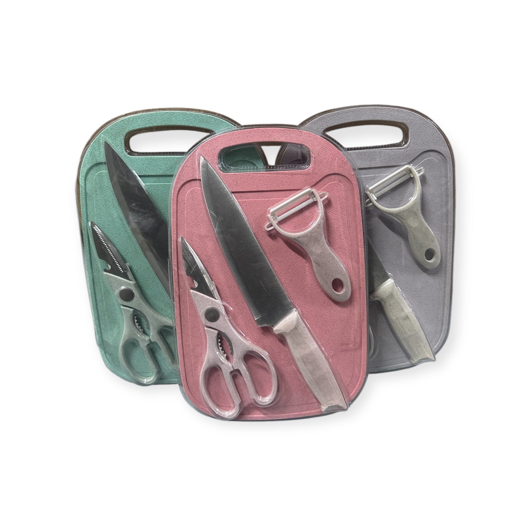 Set me thikë, gërshërë, qëruese perimesh dhe dërrasë për prerje