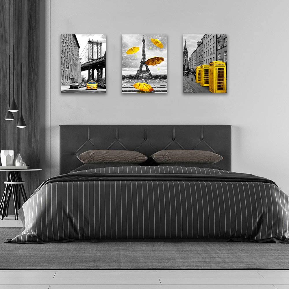 Kanavasë me foton e Parisit dhe çadra të verdha