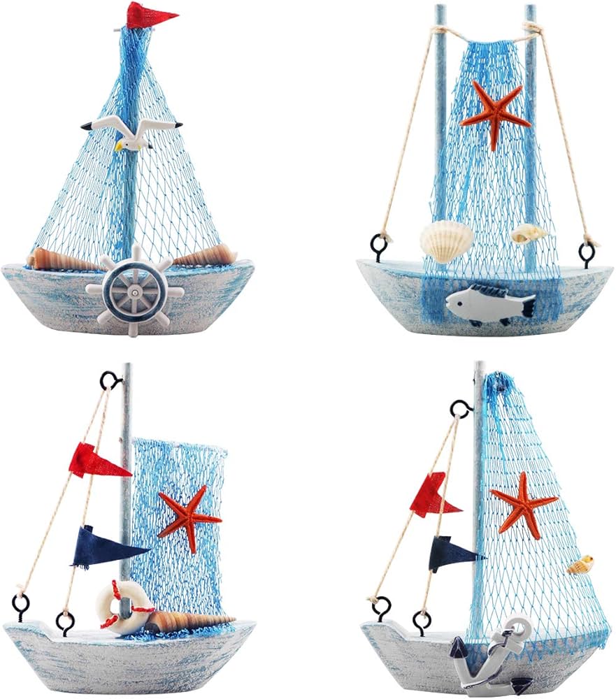 Varkë e vogël druri për zbukurim me motive detare rrjete dhe guraleca