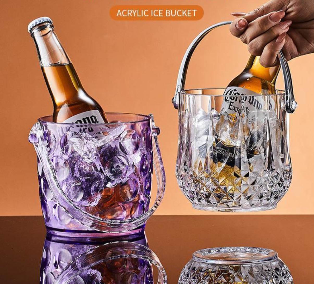 Kovë transparente me dizenjo rrethore për të mbajtur akullin me kapëse