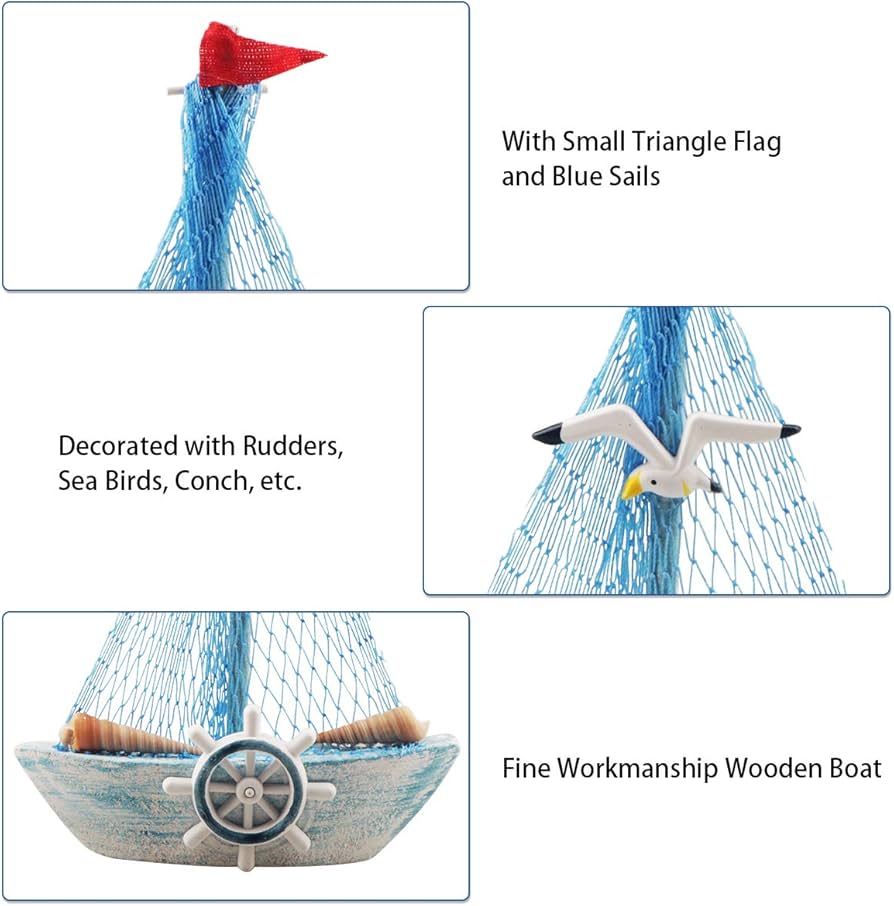 Varkë e vogël druri për zbukurim me motive detare rrjete dhe guraleca