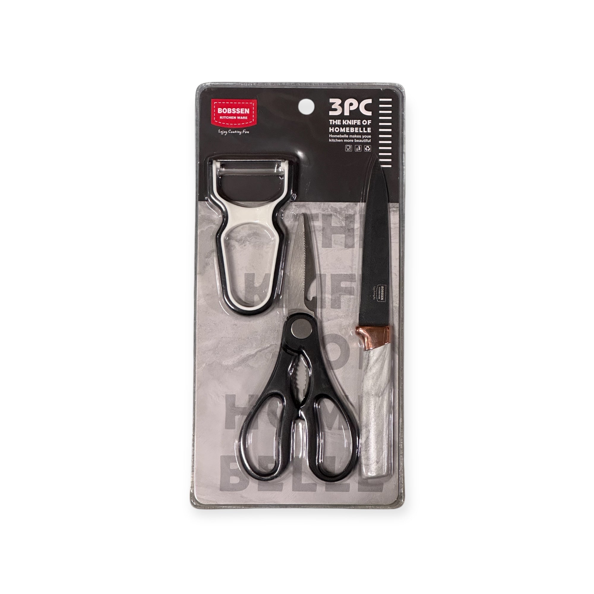 Set me 3 pjesë: Qëruese perimesh, gërshërë, thikë me detaje mermeri