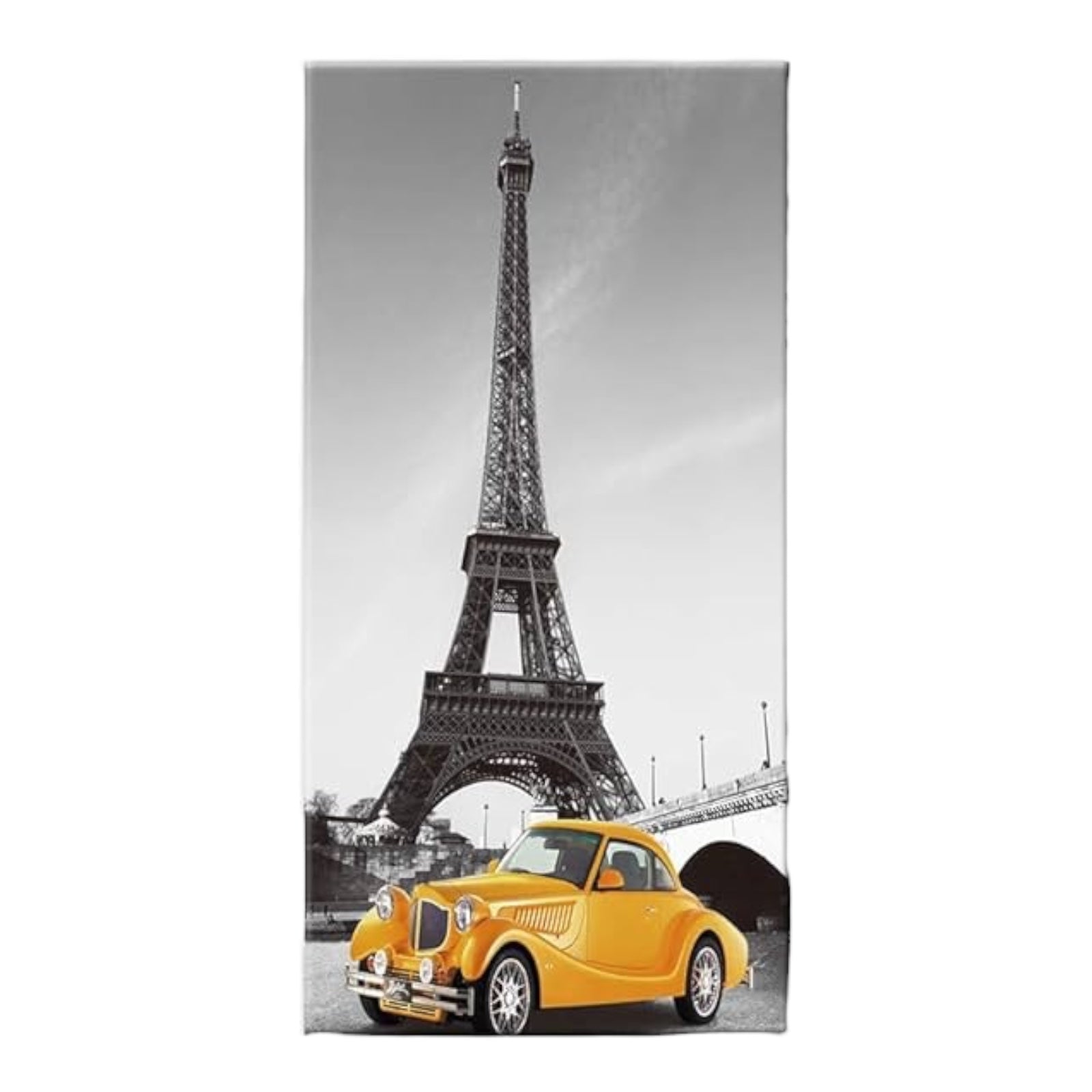 Kanavasë me kullen Eiffel dhe makinë të verdhë