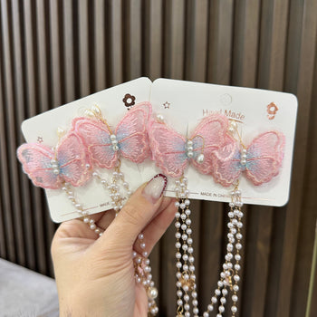 Kapëse flokësh flutur, rozë me varëse perlash