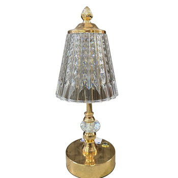 Llambë tavoline dekorative LED me kapak ornamental dhe trup kristali, bazë metalike gold