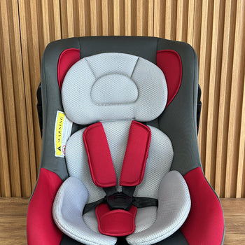 Sexholino për fëmijë në ngjyrë të kuqe, gri dhe zezë, me barrierë sigurie të lëvizshëm