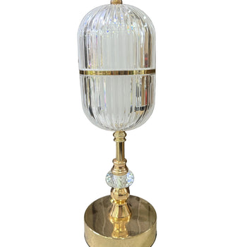 Llambë tavoline dekorative LED me formë kapsule dhe bazë metalike gold