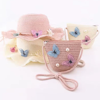 Set me kapele dhe çantë kashte për plazh me figura fluturash për fëmijë