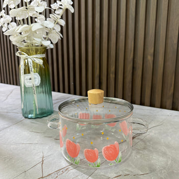 Tenxhere qelqi transparente me kapak dhe dizenjo tulipanësh