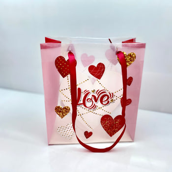Çantë paketimi transparente "Love" me zemra, rozë