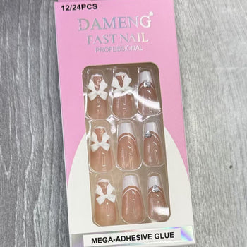 Thonj fallco të gjatë + adeziv, double french dhe fjongo të bardha, 24 copë