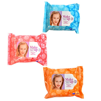 Letra të lagura për make up (Cleasing Wipes) në ngjyrë portokalli, blu dhe rozë