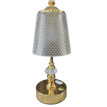 Llambë tavoline dekorative LED me kapak dhe trup kristali, bazë metalike gold