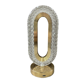 Llambë tavoline dekorative LED me unazë ovale kristali dhe bazë metalike gold