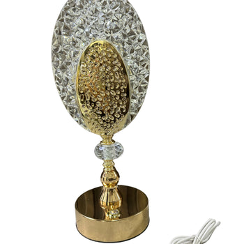 Llambë tavoline dekorative LED me formë ovale, detaje kristali dhe bazë metalike gold