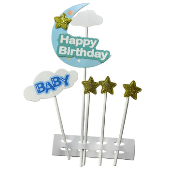 Dekor për tortë “Happy Birthday Baby” me hënë, re dhe yje
