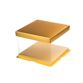 Kuti paketimi tortash karton + pjesë plastike e tejdukshme, katrore gold