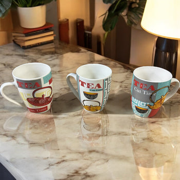 Filxhan çaji me motive çajnikësh dhe shkrim “Tea”, modele të ndryshme