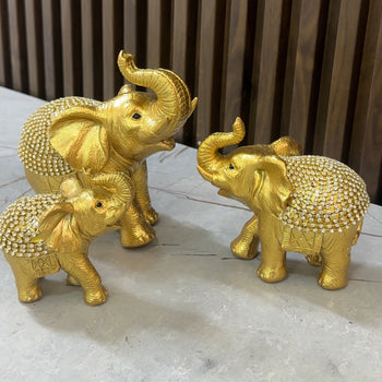 Set me 3 statuja elefanti ngjyrë gold me gurë zbukurues