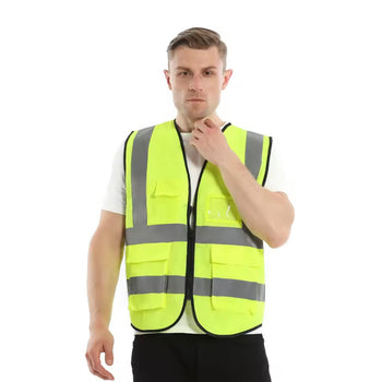Uniformë poliester, jelek me vizibilitet të lartë neoni, me xhepa