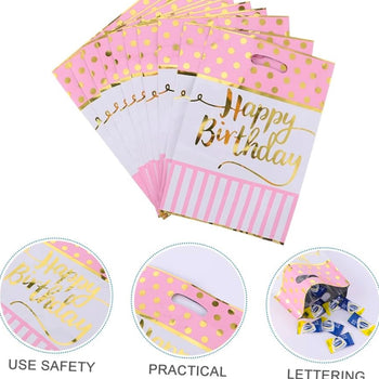 Qese për ditëlindje me shkrim “Happy Birthday” me pika gold dhe vija rozë