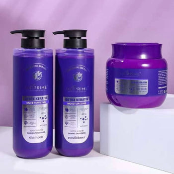 Oxiprime Botox Keratin Shining Smoothing shampoo, zbutës dhe maskë