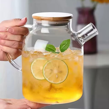 Cajnik qelqi për pije të ftohta dhe të ngrohta me kapak druri