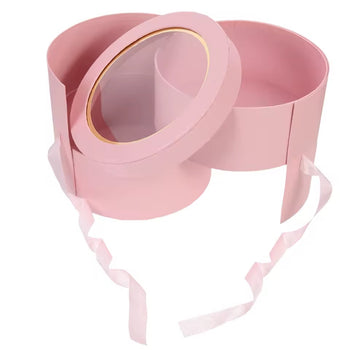 Kuti dhuratash cilindrike me kapak transparent dhe fjongo,për lule dhe surpriza