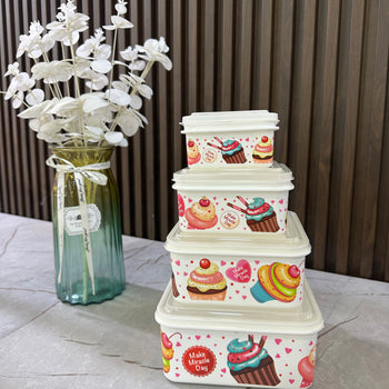 Set enë ruajtëse ushqimi me kapak, 4 madhësi, dizajn embëlsirash