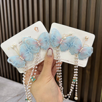 Kapëse flokësh flutur, blu me varëse perlash