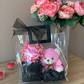 Pako dhurate e gatshme në çantë transparente (trëndafil, arush & kuti kartoni)