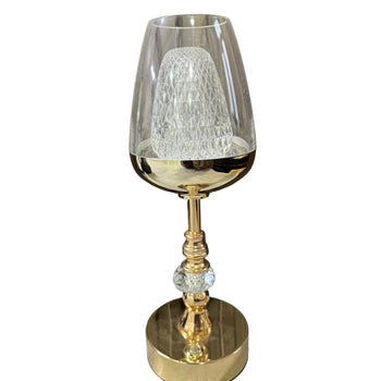 Llambë tavoline dekorative LED me bazë metalike gold dhe kupolë transparente