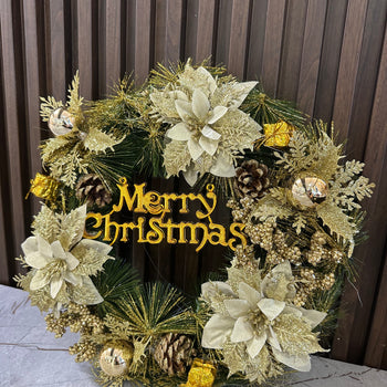 Kurorë me shkrim “Merry Christmas” me detaje gold dhe xixa 35 cm