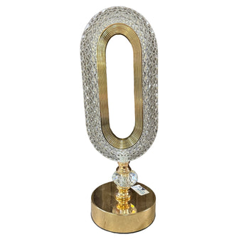 Llambë tavoline dekorative LED me formë ovale të zgjatur dhe bazë metalike gold