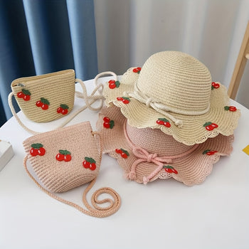 Set me kapele kashte dhe çantë për fëmijë me qershi