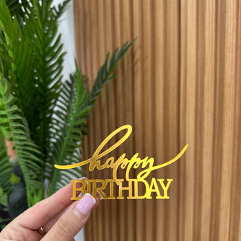 Dekor për tortë “Happy Birthday” ngjyrë gold